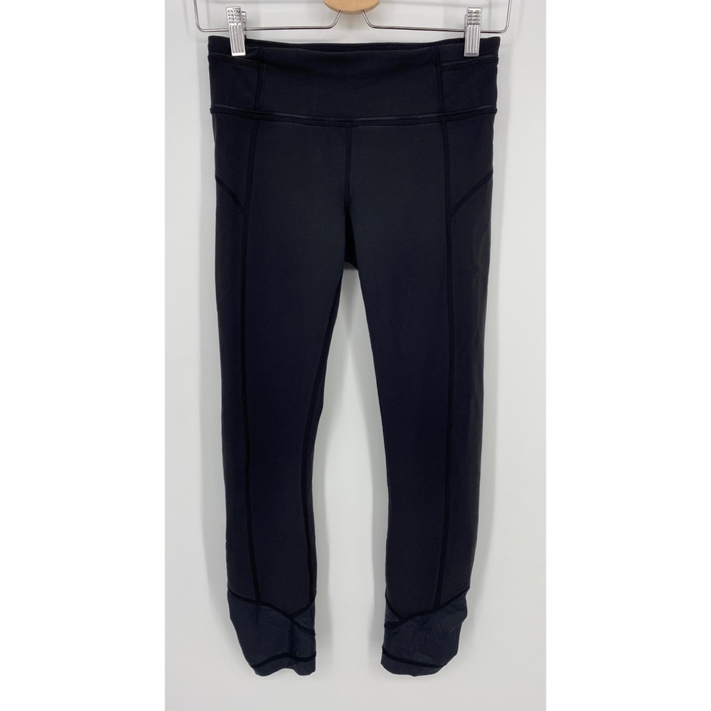 Lululemon Pace Rival Leggings Black Ruched Leg Satin Contrast Zip Pocket